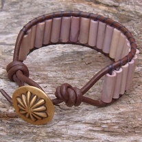 Brown Leather and Shell bead bracelet with Button Toggle