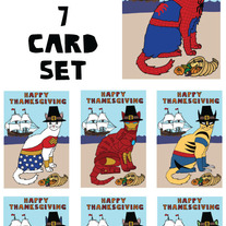 Cat dressed as comics Thanksgiving 7 card set