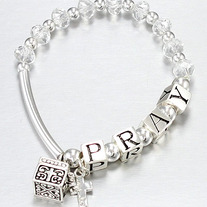 Silver PRAY Letter Block Bracelet w/ Prayer Box Religious Charm