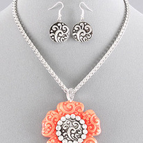 CHUNKY Floral Coral Hibiscus Pendant Necklace & FREE Earrings