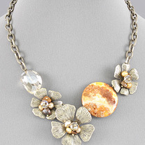 Autumn Jasper Gemstone Cherry Blossom Flower Link Crystal & Silver Necklace