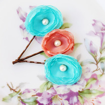 Aqua and Salmon - Set of 3 Flower Bobby Pins