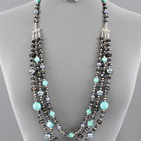 LONG Triple Layer Turquoise Crystal & Pearl Beaded Statement Necklace