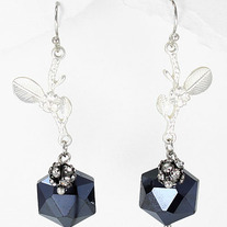 Navy & Black Crystal, Bright Silver Leaf Drop Earrings
