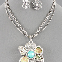 Multi-Strand Ornate Silver Paisley Pendant Floral Necklace Set