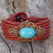 Red Leather Bracelet with Antique Gold Filigree And Amazonite Stone