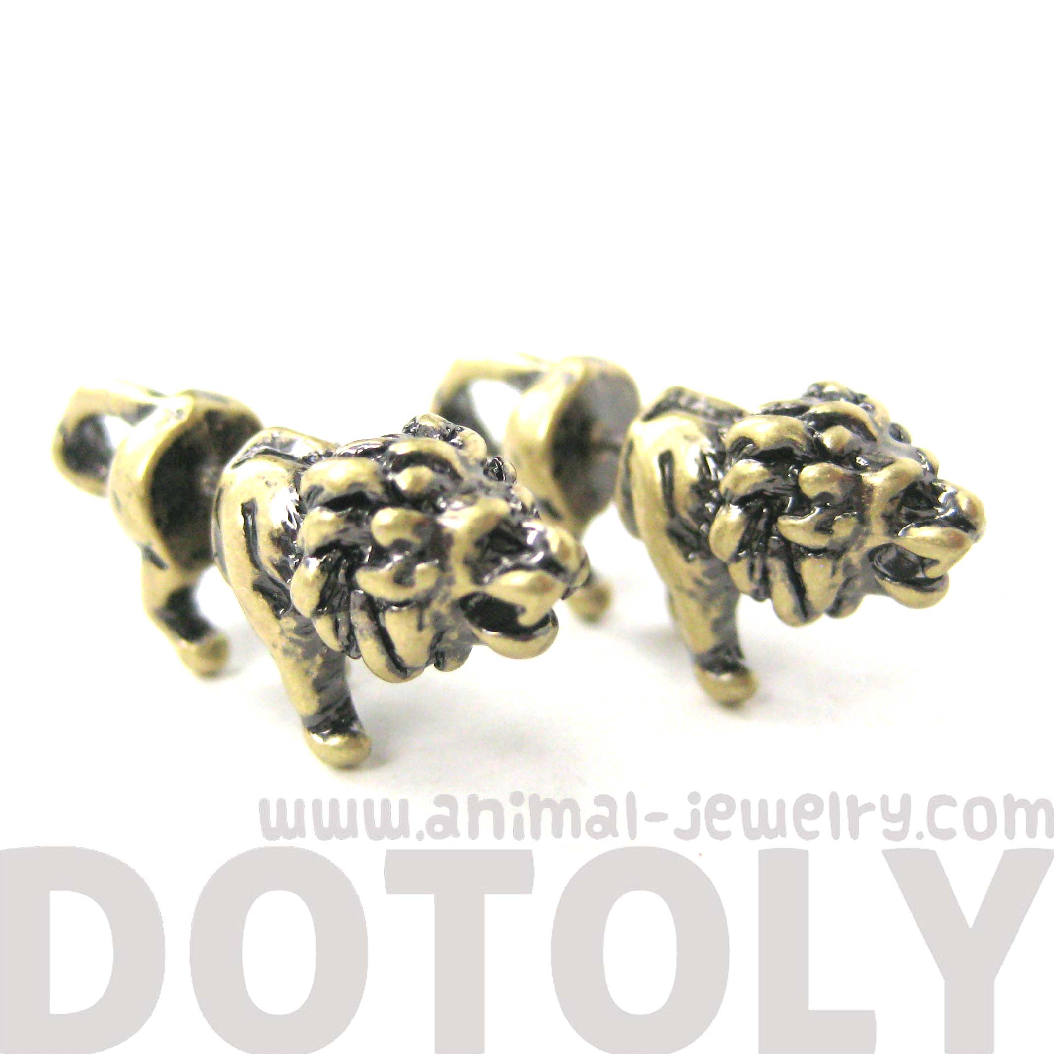 3D Fake Gauge Realistic Lion Animal Stud Earrings in Bronze · DOTOLY