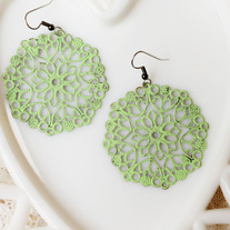 Oversized Lime Green Brass Round Cutout Dangle Earrings