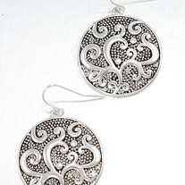 Silver Granulated Scrollwork Coin Dangle Earrings