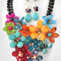 Shell Gemstone Glass & Pearl Flower Cluster Necklace Set