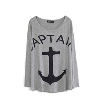 Grey Anchor Print Loose T-shirt
