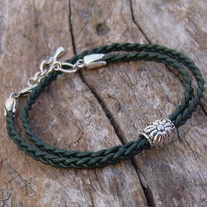 Braided Green Leather and Silver Wrap Bracelet