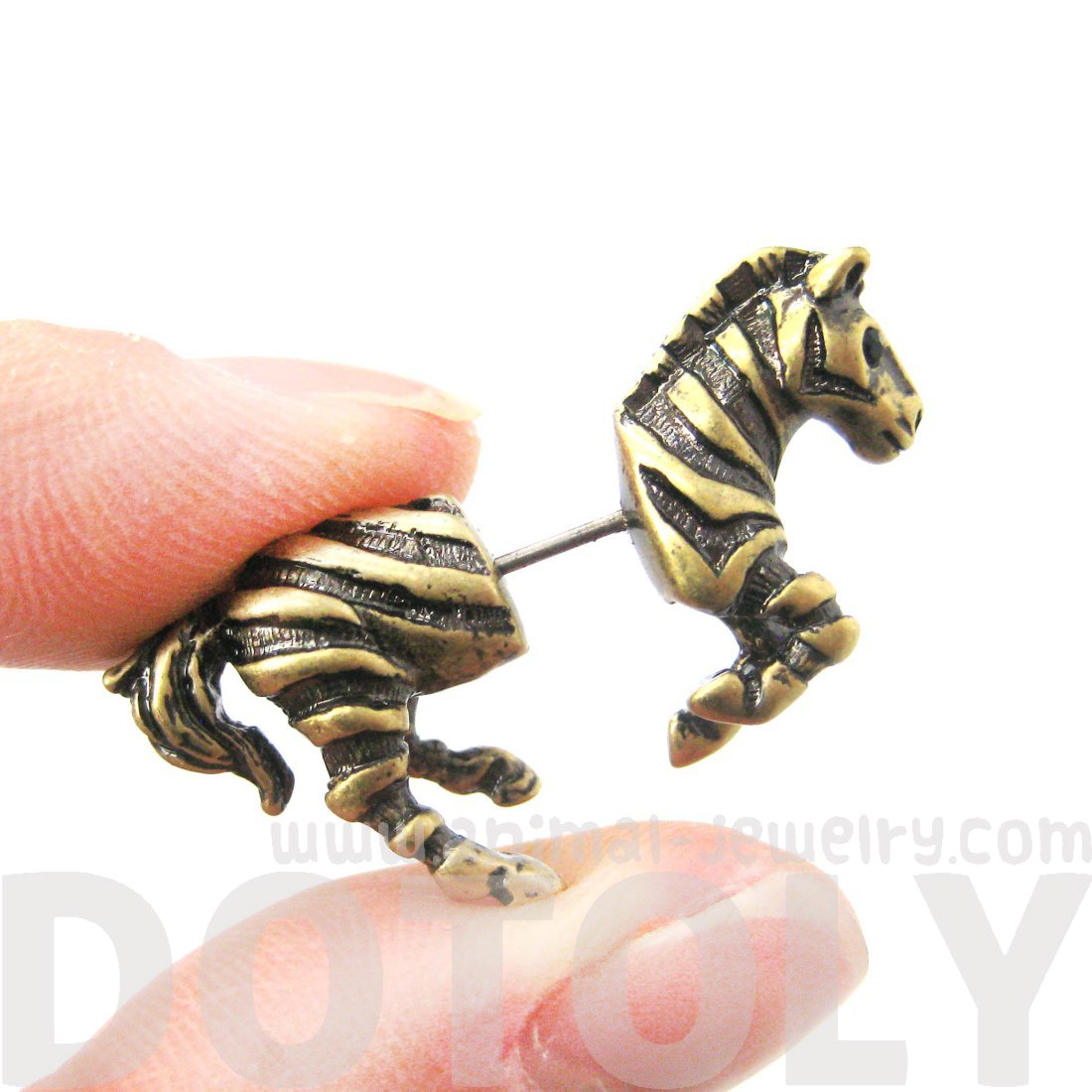3D Fake Gauge Realistic Zebra Shaped Animal Stud Earrings in Bronze