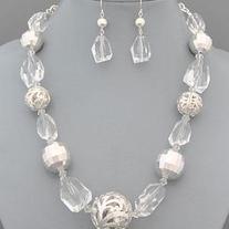 Clear Silver Chunky Beaded Necklace Set