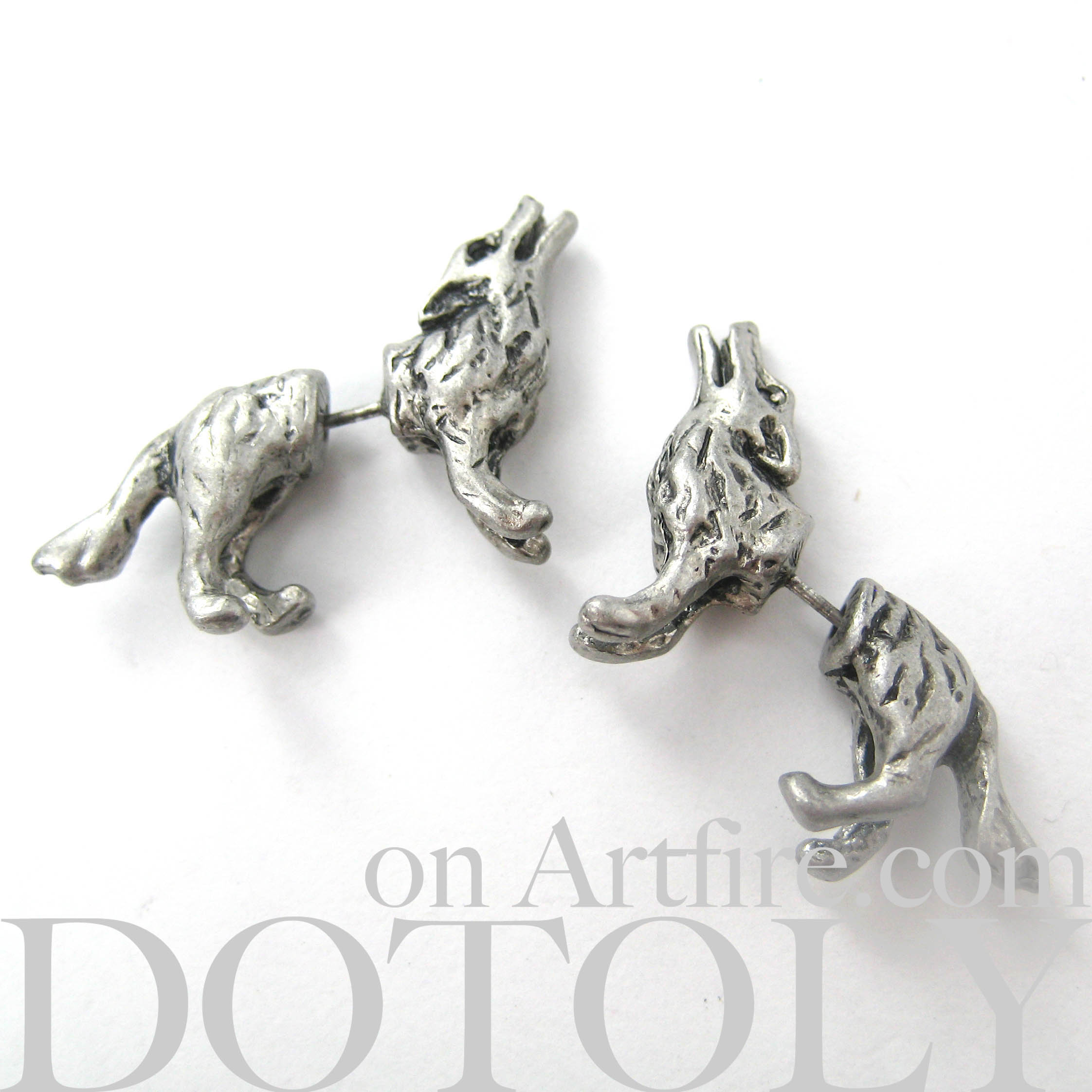 3D Fake Gauge Realistic Wolf Dog Animal Stud Earrings in Silver