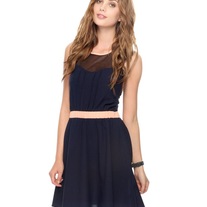 S forever21 navy blue sleeveless gathered mini dress peach pink blocking black netting 
