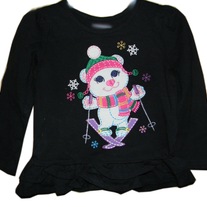 Ski Bear Embroidered Applique Girls Long Sleeve Swing Top