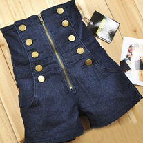 High Waist Dark Denim Gold Button Accented Shorts