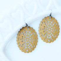 Large Oval Filigree Cutout Mustard Yellow Dangle Earrings