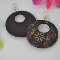 Brown wooden flower carving circle hook earring