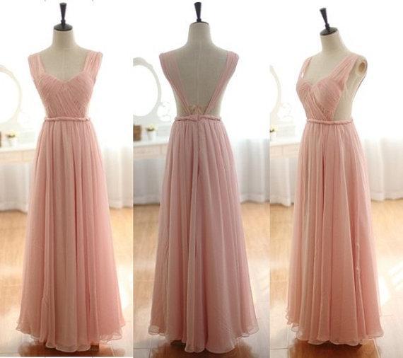 Charming Vneck Chiffon Blush Pink Long Prom Dresses,Pink Backless