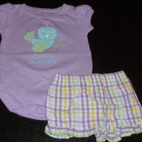 Short Sleeve Purple Onesie with Bird Says Sweetie and Matching Shorts-Garanimals Size 0-3 Months  CLM1
