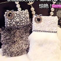 New Chic Synthetic Rabbit Fur Pearls Crystals iPhone Case