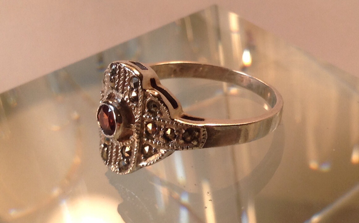 Vintage Art Deco Ruby Marcasite Sterling Silver Ring W/ Jeweler's Marks