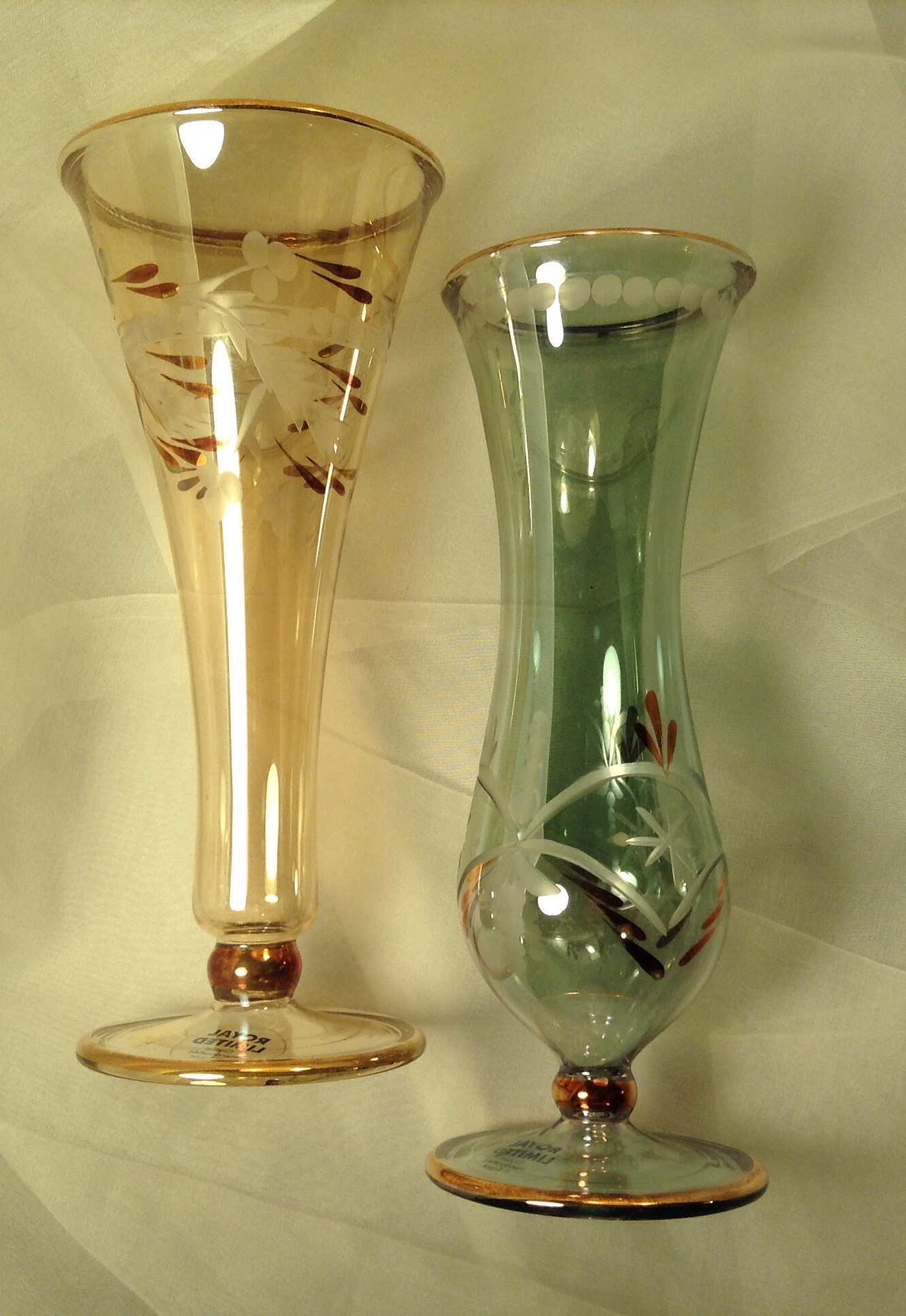 New Vintage Etched Crystal Vases; Iridescent Set of 2