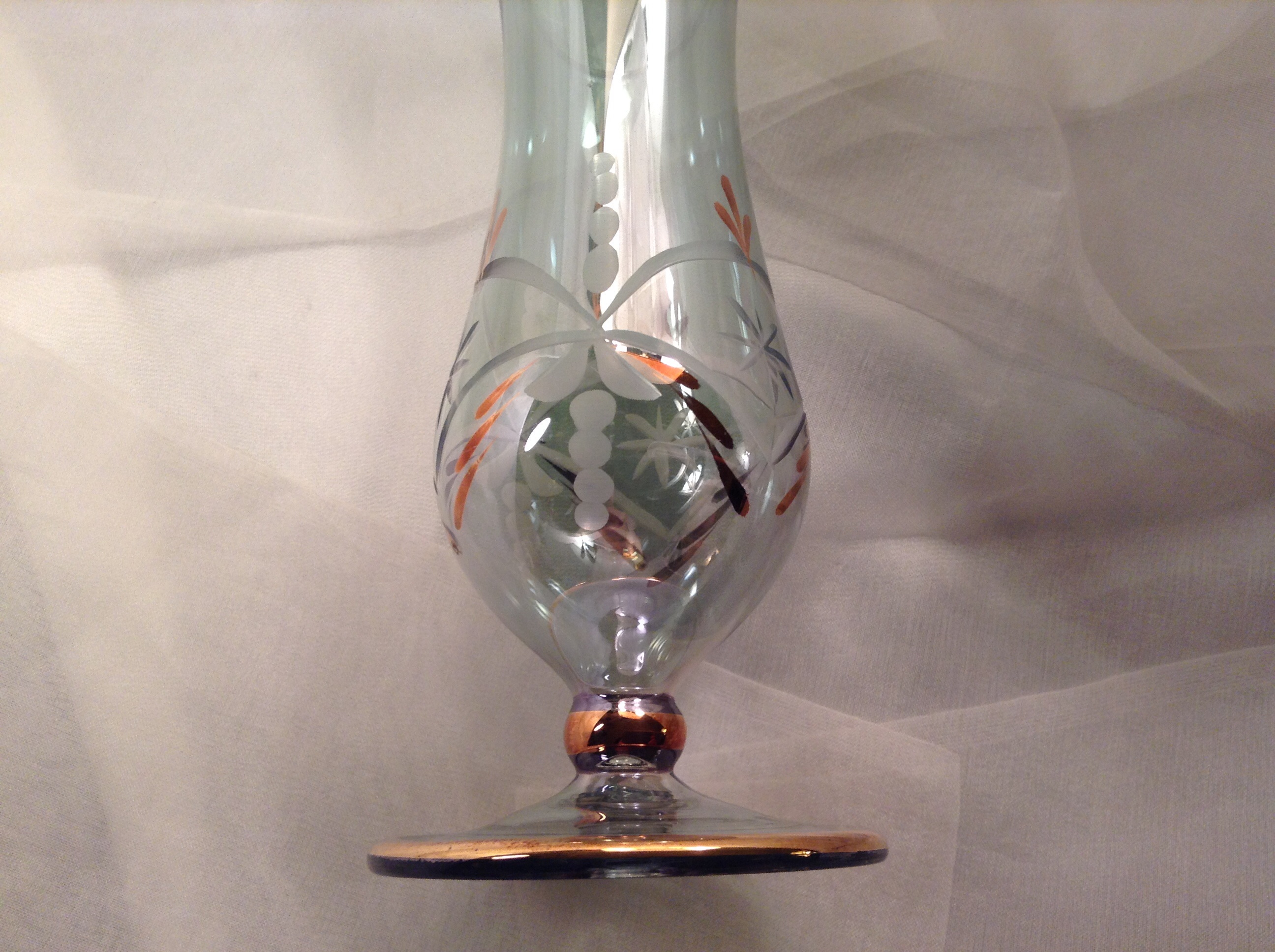 New Vintage Etched Crystal Vases; Iridescent Set of 2