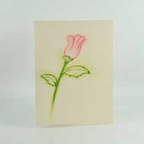 Handdrawn oil pastel color outline single rose stalk on cream portrait card