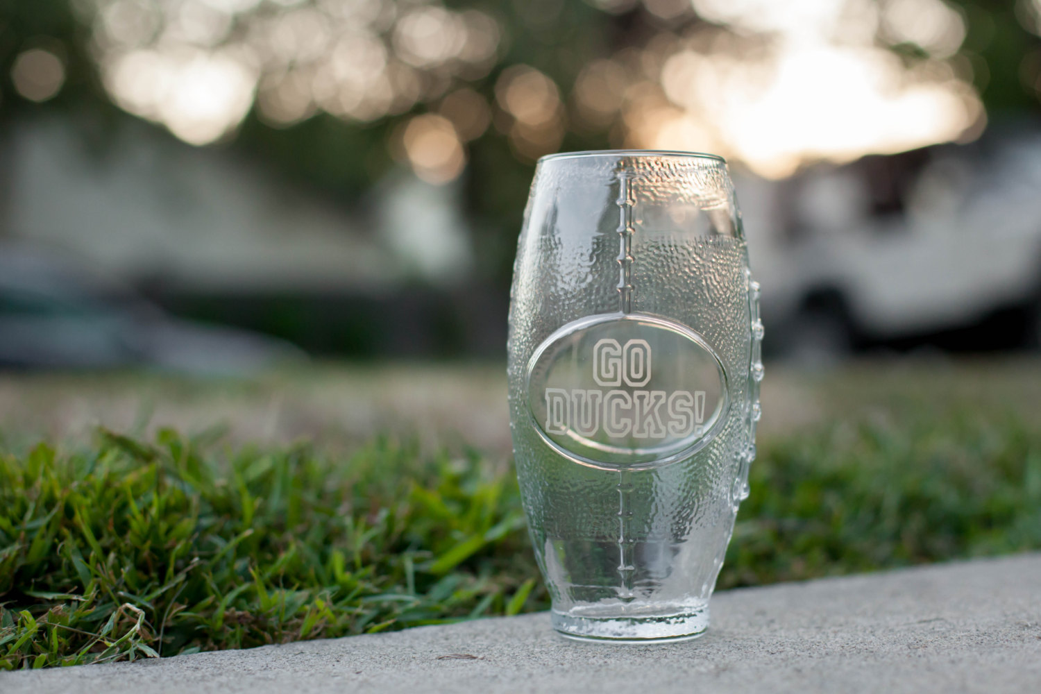 Football Shaped Drinking Glass Beer Glass Etched With Initials and "Go