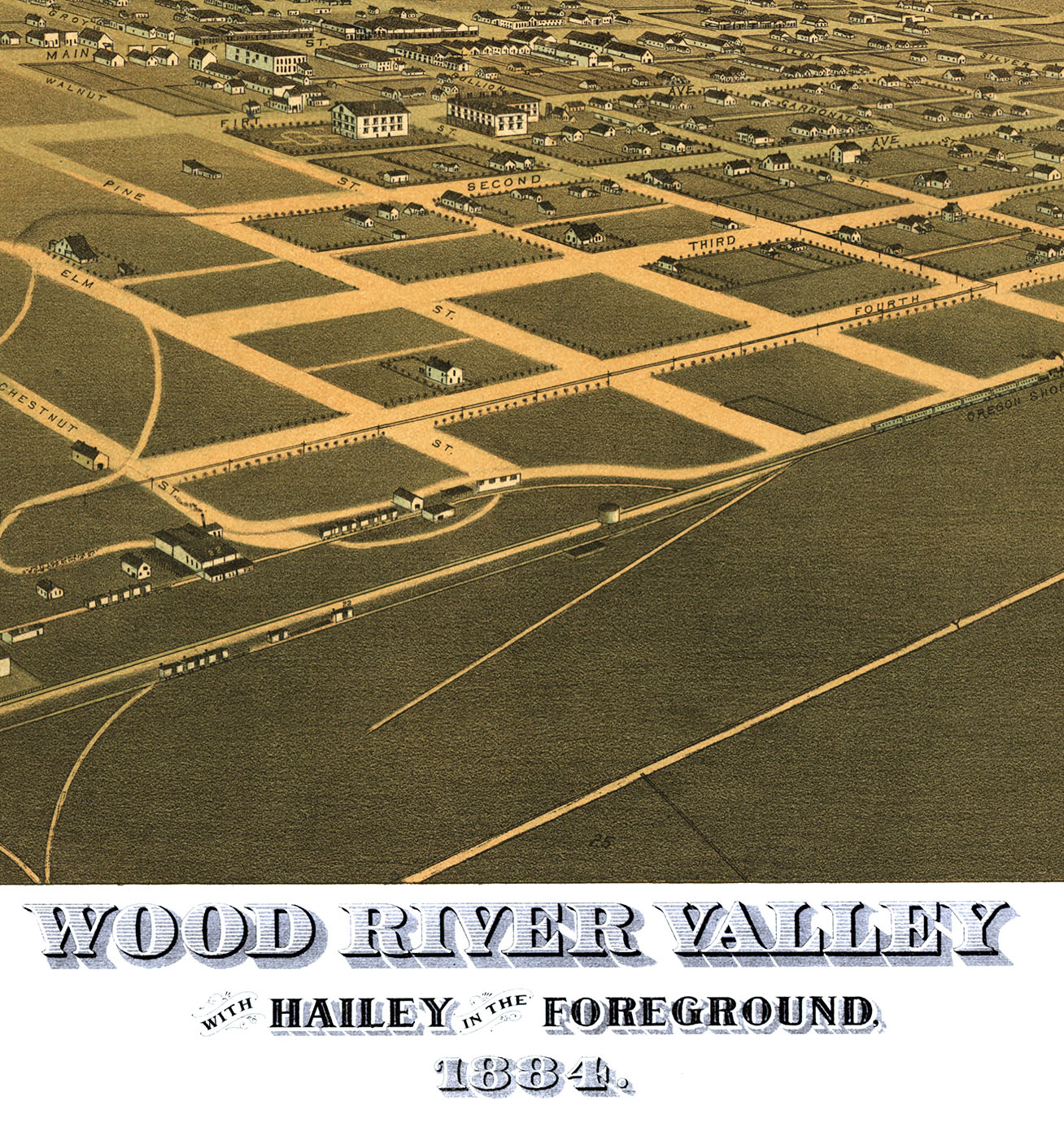 Wood River Valley with Hailey, ID in the Foreground from 1884 Bird's