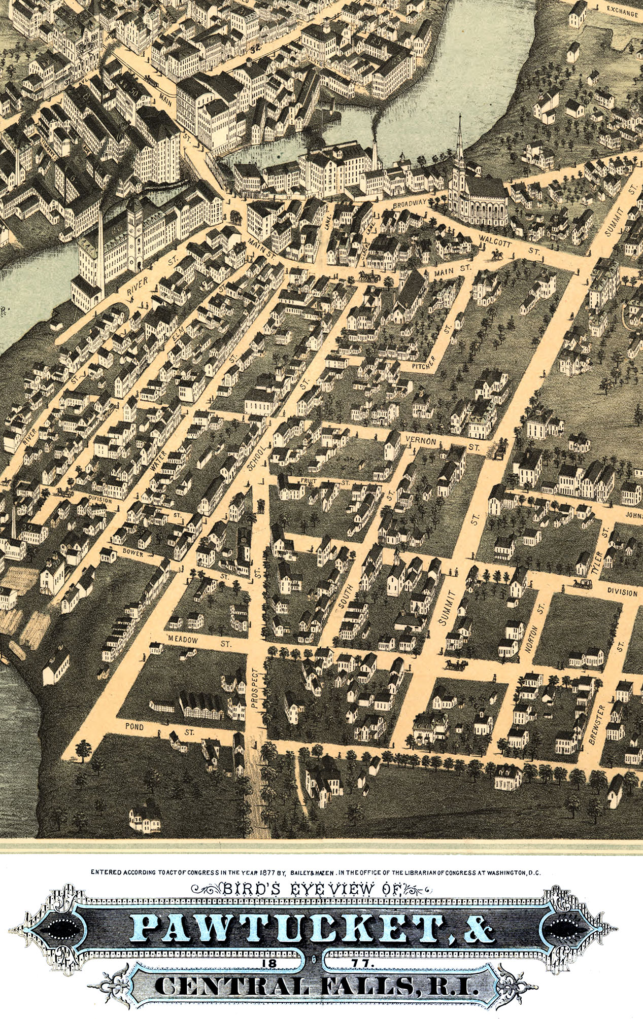 Pawtucket & Central Falls, RI in 1877 Bird's Eye View, Aerial