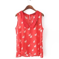 Red cat print chiffon blouse