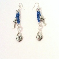 silver hook blue chain lock key charm austrian crystal dangle earrings