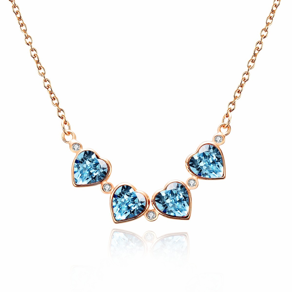 Sterling Silver Rose Gold Plated Diamante Quaternity Blue Crystal Heart Pendant Necklace Jewelry