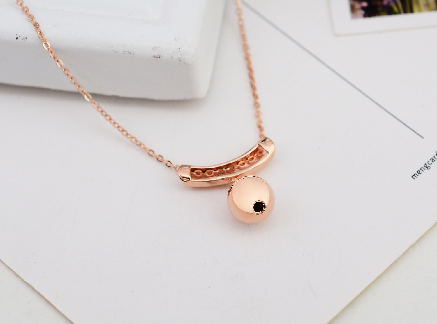 Women Sterling Silver Rose Gold Plated Circular Tube With Dangling Ball Pendant Necklace Jewelry