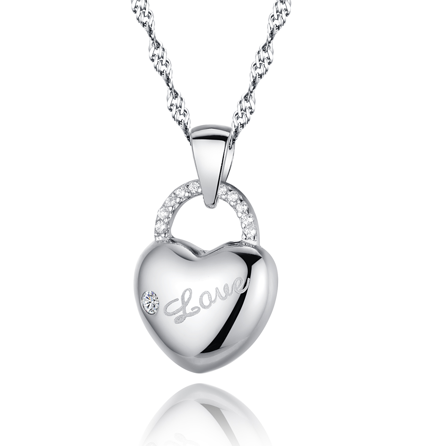 Sterling Silver Diamante Lock Shape Engraved Love Pendant Necklace