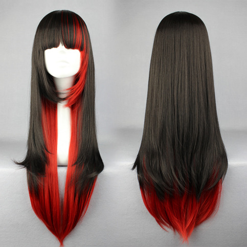 Long Straight Wig Black Red Mix Color Ombre Wig 70cm Long Synthetic