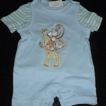 Blue Romper with Giraffe and Monkey with Matching Shirt-NEW-George Baby Organic Size 6-9 Months