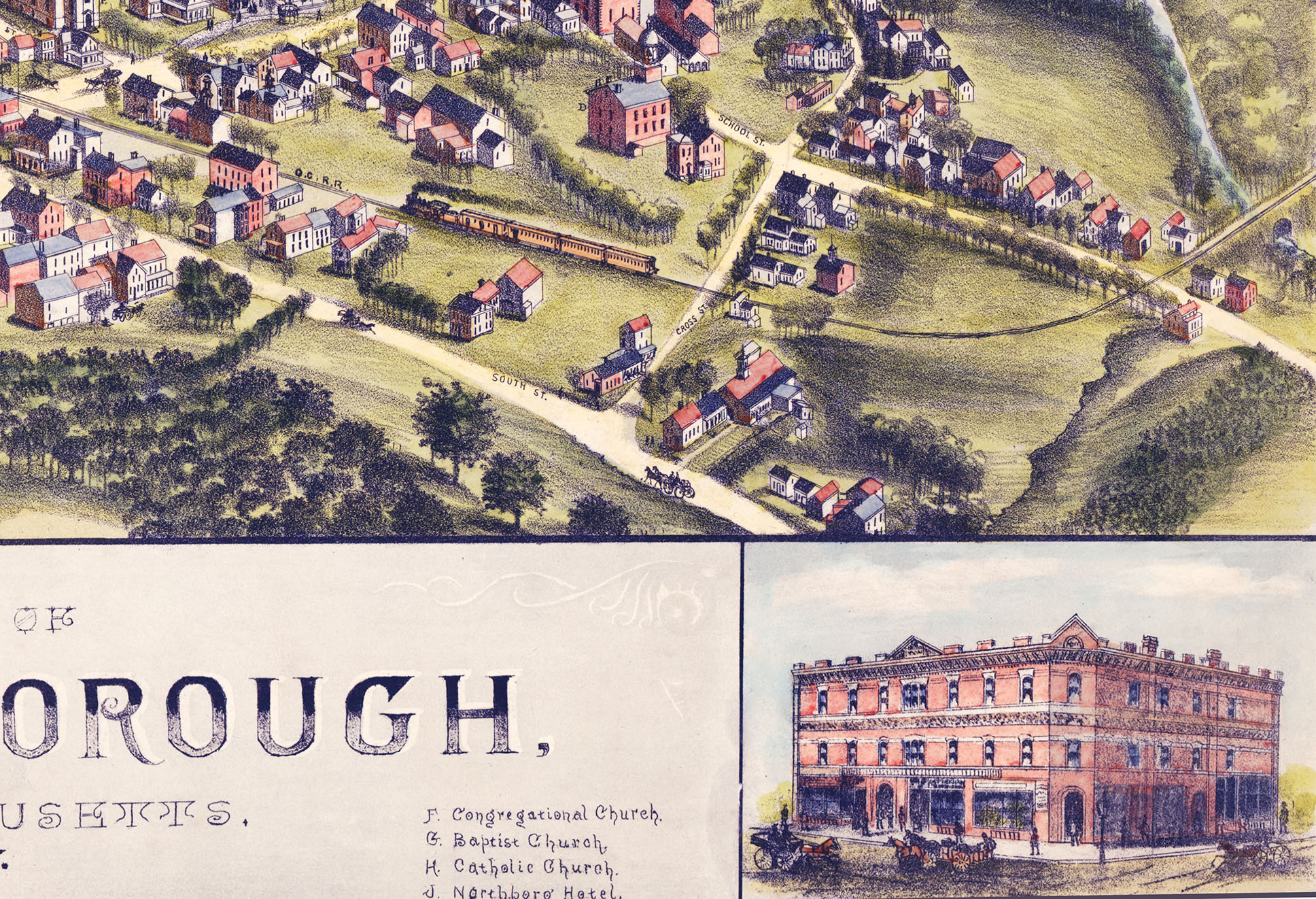 Northborough, Massachusetts in 1887 Bird's Eye View Map, Aerial Map, Panorama, Vintage map