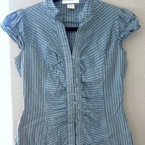 Striped Teal Ruched Button Up