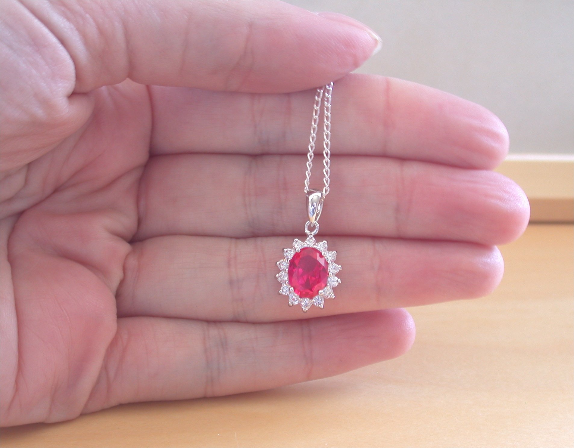 925 Ruby (Lab Created) Oval Pendant & 18" Silver Chain/Ruby Jewellery