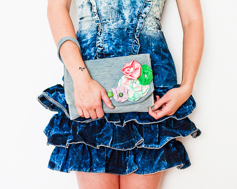 Floral Denim Clutch / Wristlet by Sardinella Sardine
