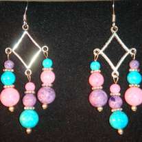 Purple, Pink, & Aqua Sandstone with Tibetan Silver Triple Dangle Earrings