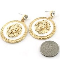WHITE & GOLD MEDALLION LION HEAD EARRINGS