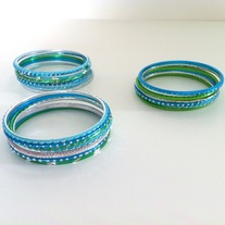 7pcs green aqua blue silver thin metal bracelets sparkle bangle set