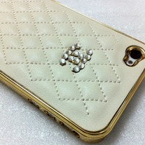 New Chic Bling Sparkle Beige Sheep Leather Crystal Logo iPhone Case Cover