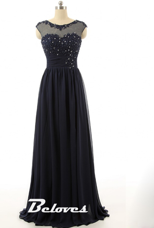 2016 Navy Blue illusion Prom Dress With Lace Appliques Bodice · Beloves